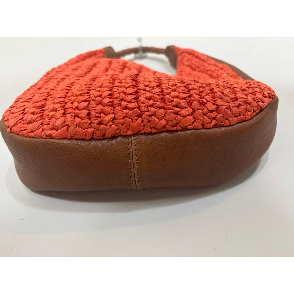 Rodeo Bar Style Raffia Hobo Bag Orange Leather Trim Braided Strap Crescent